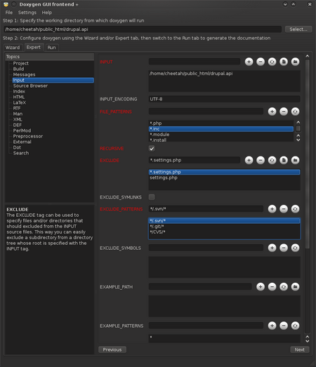 DoxyWizard - Input Instellingen